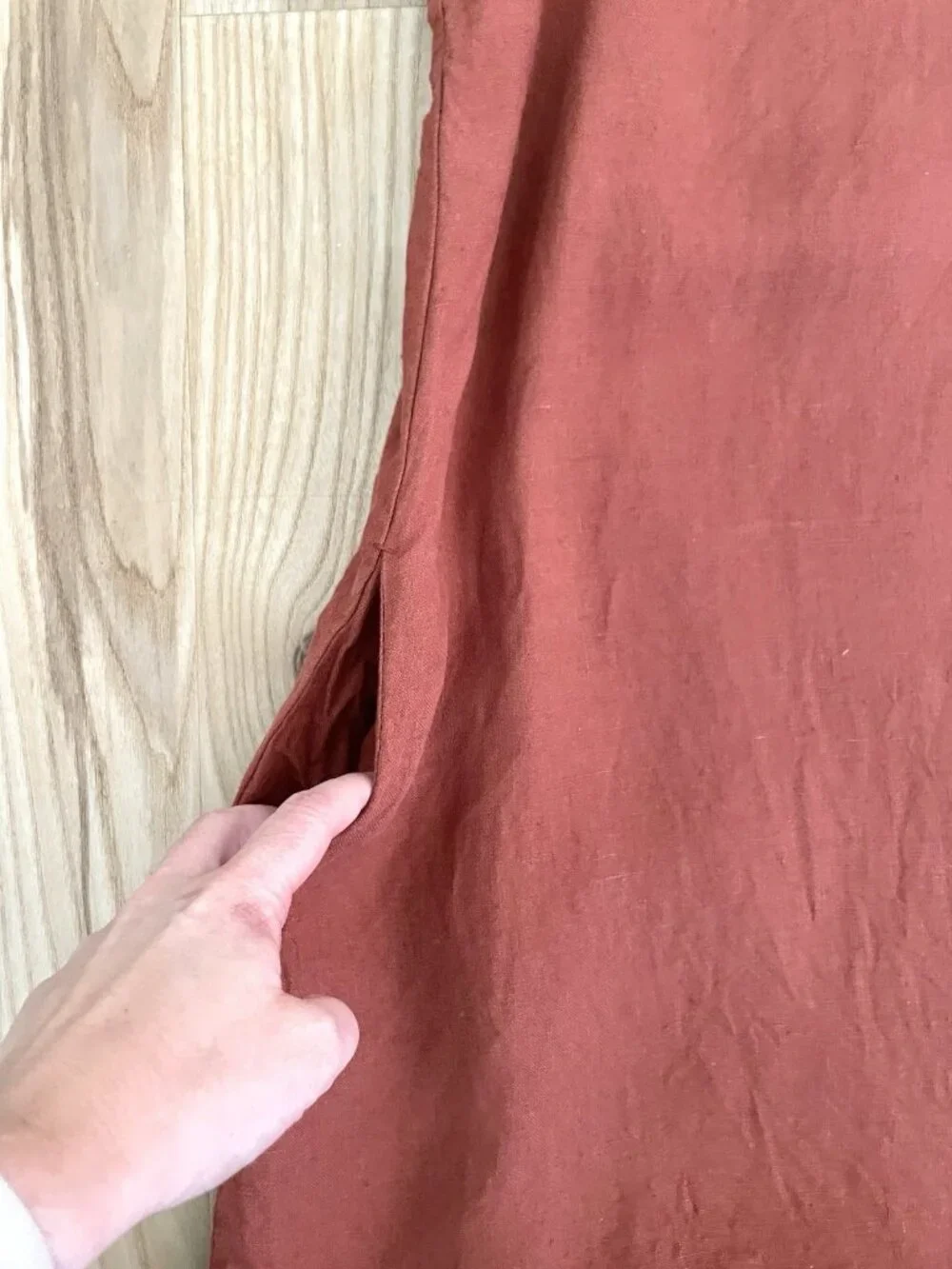 Not Perfect Linen 100% Linen Ruffle Hem Mini Dress Sleeveless Rust size Small - Picture 3 of 6